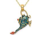 14K Yellow Gold Blue Enameled Genie Lamp Charm Pendant Necklace with Chain